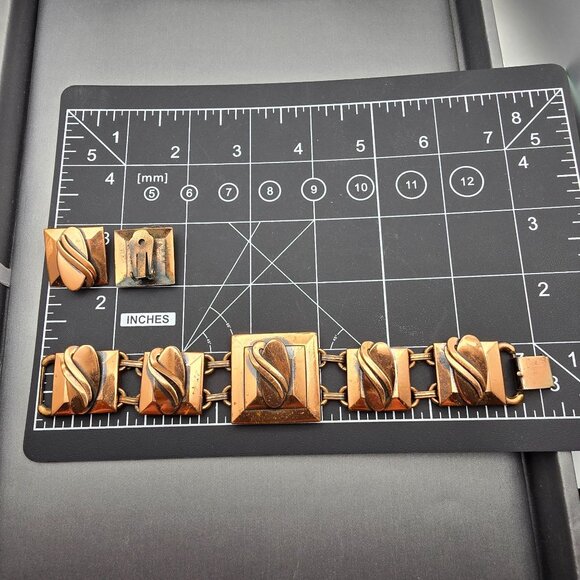 VTG Copper Square Panel 7" Bracelet & Clip On Earrings Set Oval Wave Design - Picture 7 of 7